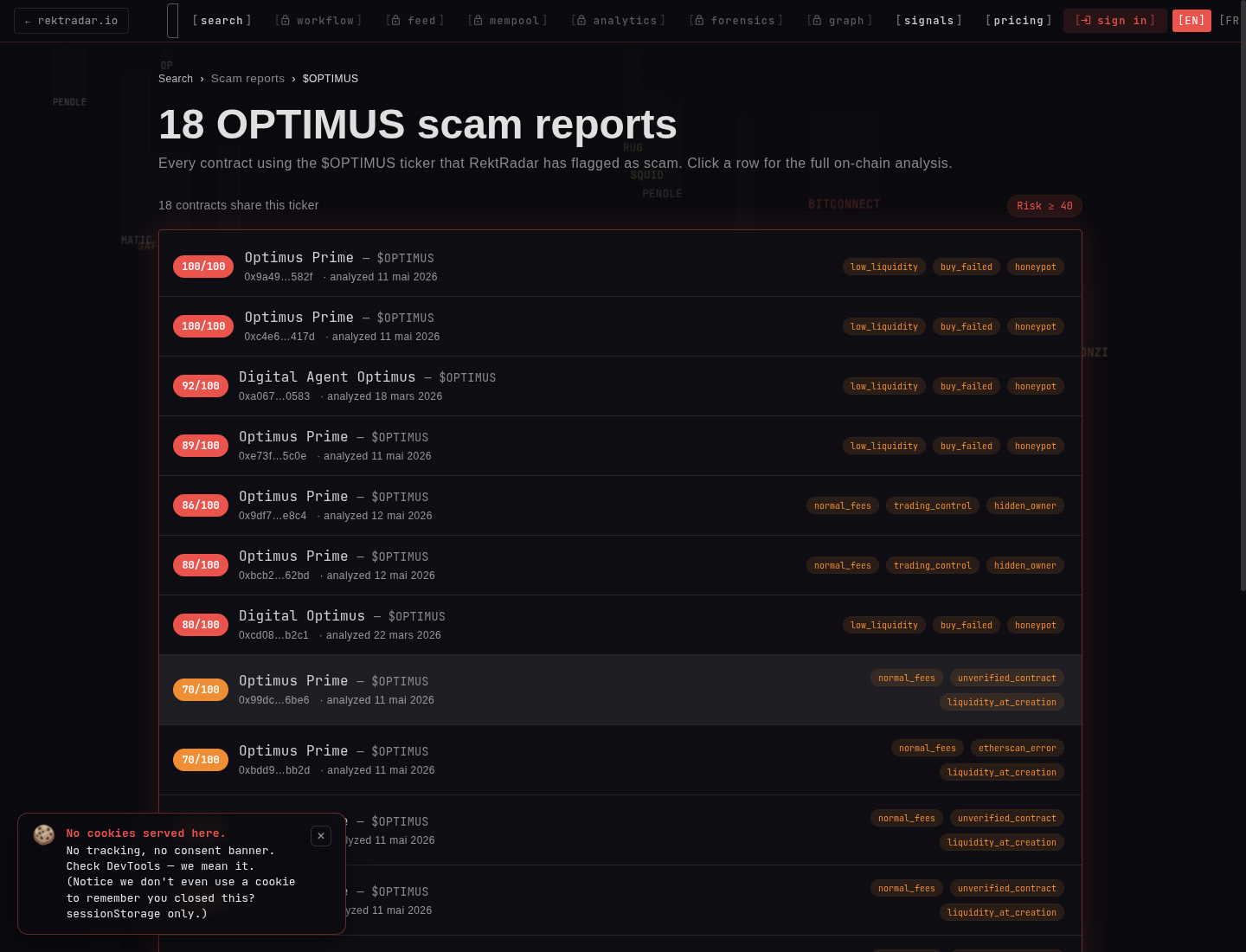 Screenshot of the public /scam/OPTIMUS hub page on app.rektradar.io listing all OPTIMUS-symbol scam contracts detected by RektRadar. Each row shows the contract address, the token name Optimus Prime, the analyzed risk score in a coloured RISK badge (red for 80+, orange for 50-79, yellow for under 50), and a quick-scan call-to-action button.
